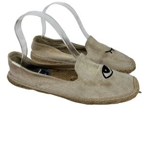 SOLUDOS Espadrille Canvas Beige Wink Winking Eye Flats Slip On Loafers Shoes 8.5